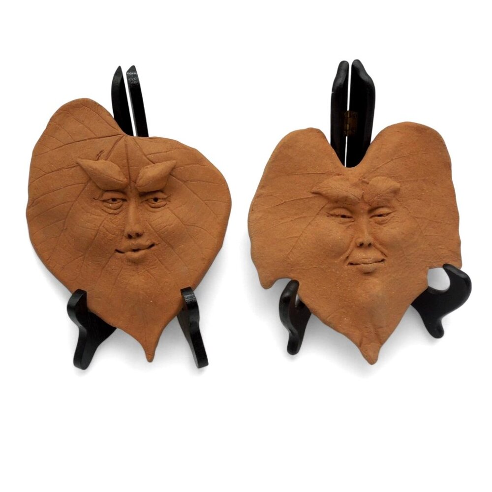 Terracotta Clay LEAF FACE Wall Hangings Vintage 8"